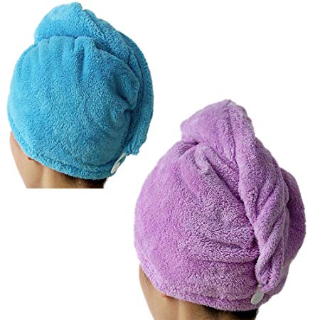 Lesirit Microfiber Hair Drying Towel with Button Ultra Absorbent Twist Hair Turban Quick Drying Cap Hair Wrap Pack of 2 (B)