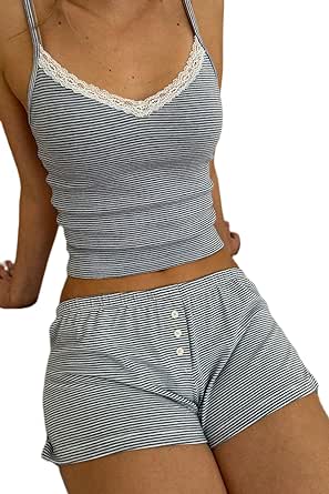 Seyurigaoka Women Y2k 2 Piece Lace Shorts Set Sleeveless V Neck Cami Top with Shorts Pajamas Sets Sleepwear