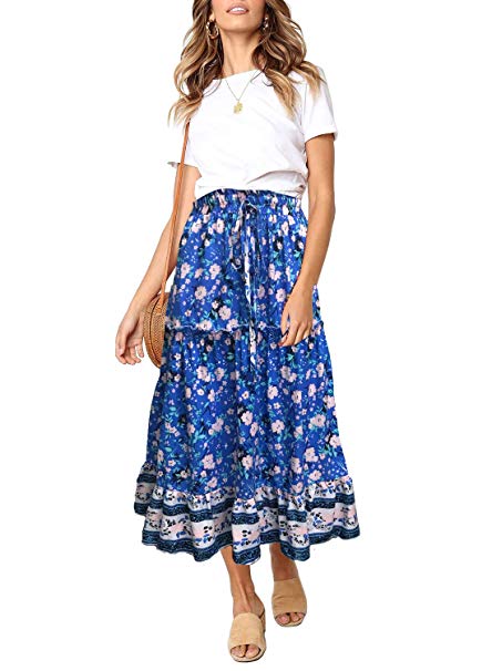 MEROKEETY Women's Boho Floral Print Elastic High Waist Pleated A Line Midi Skirt with Pockets