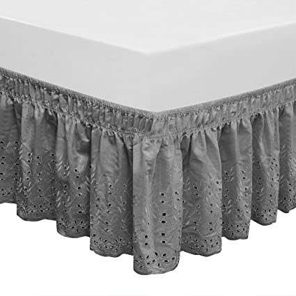 QSY Home Wrap Around Elastic Eyelet Bed Skirts 14 1/2 Inches Drop Dust Ruffle Three Fabric Sides Easy On/Easy Off Adjustable Polyester Cotton (Grey Queen/King)