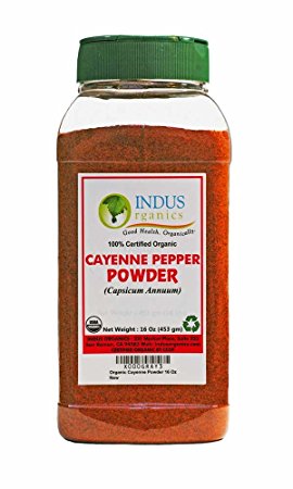 Indus Organics Cayenne Pepper Powder (40,000 SHU), 1 Lb Jar, Steam Sterilized, Premium Grade, High Purity, Freshly Packed