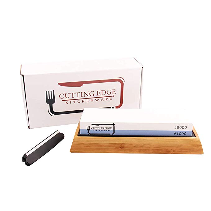 Cutting Edge Premium Whetstone Knife Blade Sharpening Stone 2 Side Grit 1000/6000|Best Whetstone Sharpener|NonSlip Bamboo Base|Angle Guide|Razor Sharp Kitchen Knives|Set|Kit|Gifts|Honing tool