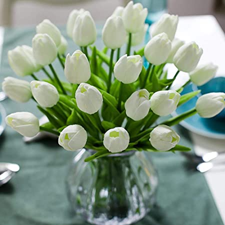 Veryhome Artificial Flowers Fake Flower Tulip Latex Material Real Touch for Wedding Room Home Hotel Party Decoration and DIY Decor (White-10PCS)