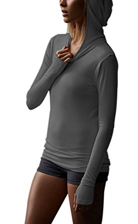 Manzocha Women Fashion Long Sleeve Thin Hooded Gym Sport Tee Shirt Tops