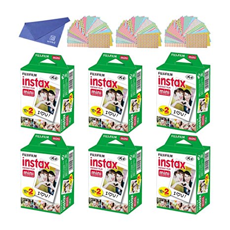 Fujifilm Instax Mini Instant Film, 2x10 Shoots x 6 Pack (Total 120 Shoots)  with C Microfiber Cleaning Cloth and 60-Piece Sticker for Fuji Mini 90 8 70 7s 50s 25 300 Camera SP-1 Printer