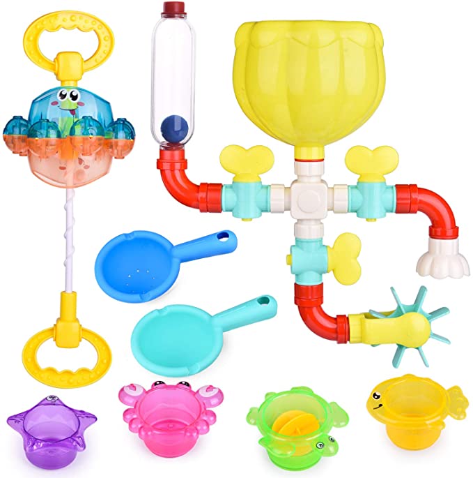 FunLittleToy 22 PCs Bath Toys for Toddler, Flower Water Station, Bath Squirters, Stacking Cups, Rotating Spray Water Toy, Birthday Gifts for Kids