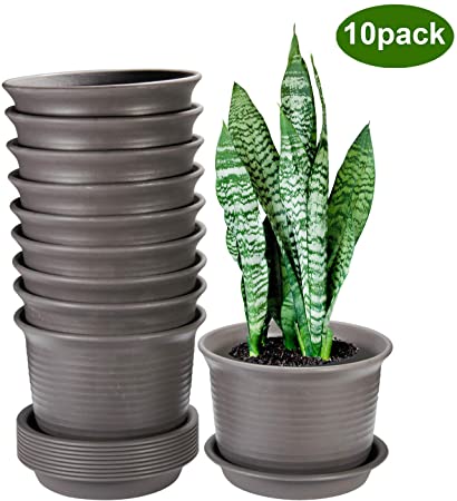 ZOUTOG Flower Pot, 7.1 Inch Planter, Plastic Plant Pots with Drainage Hole and Tray, Pack of 10, Plants not Included