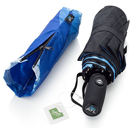 AYL Windproof Travel Umbrella with Teflon Coating and Zipper Pouch