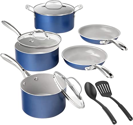 Granitestone 10 Piece Cookware Set Pots and Pans Set with Ultra Nonstick Ceramic Coating, 100% PFOA PFAS Free Cookware Set, Stay Cool Handle, Metal Utensil Oven & Dishwasher Safe - Navy Blue