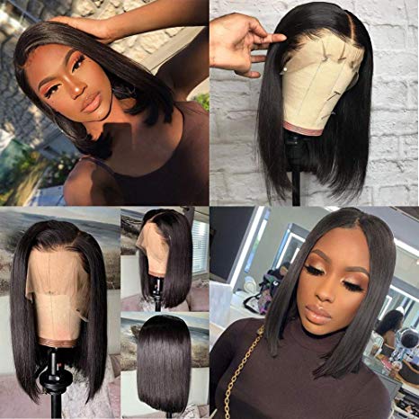 Glueless Short Bob Wigs Brazilian Human Hair Straight Short Lace Frontal Wigs Middle Part Bob Wig With 150% Density Natural Baby Hair (8 inch bob wig Natural Color)