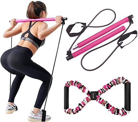 LADER Pilates Bar Kit with Resistance Band, Portable Resistance Band and Toning Bar Yoga Pilates Equipment Exercise Stick 8 Shape Body Shaping Resime Bar(Pink)