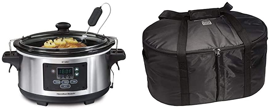 Hamilton Beach Portable 6-Quart Set & Forget Digital Programmable Slow Cooker With Temperature Probe & Travel Case & Carrier Insulated Bag for 4, 5, 6, 7 & 8 Quart Slow Cookers