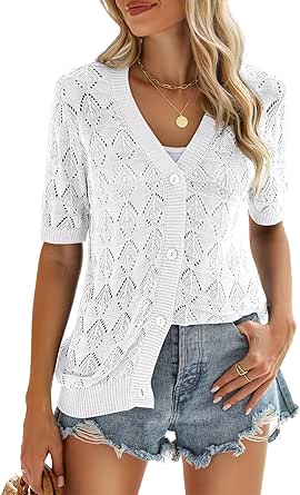 Zeagoo Women's Short Sleeve 2024 Summer Crochet Cropped Cardigan V Neck Button up Bolero Shrug Sweater