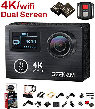 Action Camera, 2017 New 4K 30Fps 14MP Ultra HD Sport Camcorder with Panasonic CMOS Dual Display Screen Aluminium Alloy Front Cover HDMI Wifi 2.4G Remote Control 170 Degree Wide Angle 19 Mounting Kits