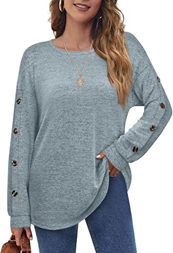 Aokosor Womens Long Sleeve Tops Button Jumpers Loose Casual Sweatshirt Curved Hem