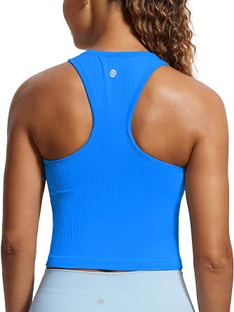 CRZ YOGA Womens Seamless Ribbed Longline High Neck Sports Bra - Racerback Padded Slim Fit Crop Tank Top with Built in Bra