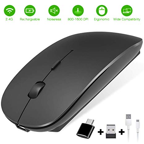 CALOCAA 2.4G Rechargeable Wireless Portable Optical Mobile Mute Ultra-Thin Mouse for Computer with USB Receiver and Type C Adapter Level 3 Adjustable DPI for Laptop, Computer, MacBook, PC - Black
