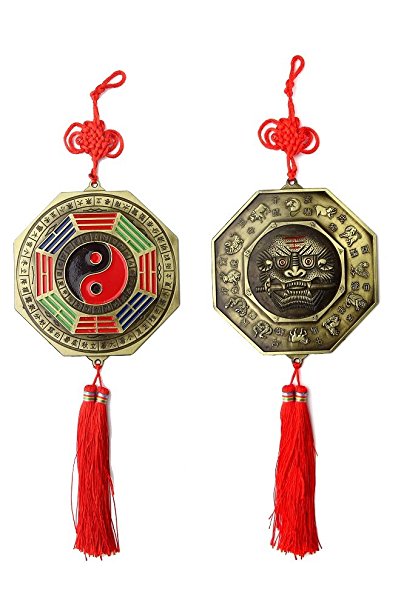 Feng Shui Foo Dog Biting a Sword & Bagua Mirror with Chinese Knot Tassel,   Free Set of 10 Lucky Charm Ancient Coins on Red String,for Family Protection