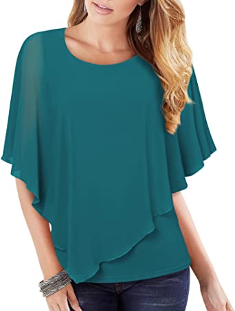 Lotusmile Women's Lightweight Flowy Shirt Double-Layered Printed Chiffon Poncho Blouse Top