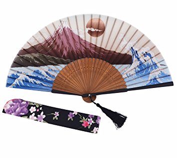 Amajiji Chinese Japanese Folding Hand Fan for women,Vintage Retro Style 9.05" (22CM) Bamboo Wood Silk Hand Fans (9.05" (22CM)-a)