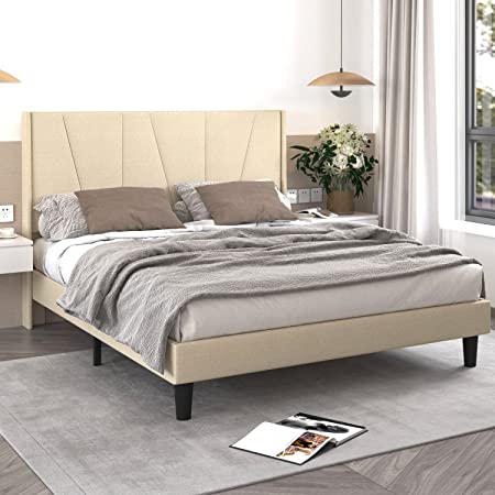 Allewie Queen Size Platform Bed Frame with Upholstered Geometric Wingback Headboard/Mattress Foundation with Wood Slat Support/No Box Spring Needed/Easy Assembly, Light Beige