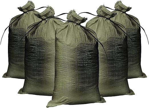 Empty Sandbags Military Green with Ties (Bundle) 14" x 26" - Woven Polypropylene Sand Bags, Sandbags for Flooding, Sand Bags Flood Protection