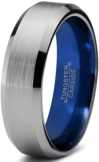 Chroma Color Collection Tungsten Wedding Band Ring 6mm for Men Women Blue Grey Beveled Edge Brushed