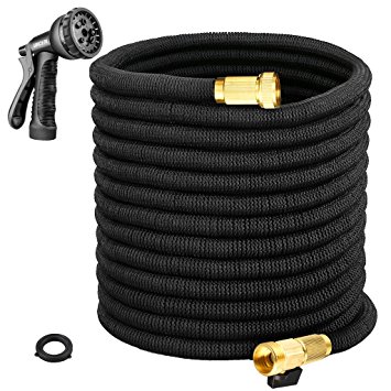 URCERI 100ft Expandable Garden Hose with 3/4" Solid Brass Fittings 8 Function Spray Nozzle Shut Off Valve Carrying Bag
