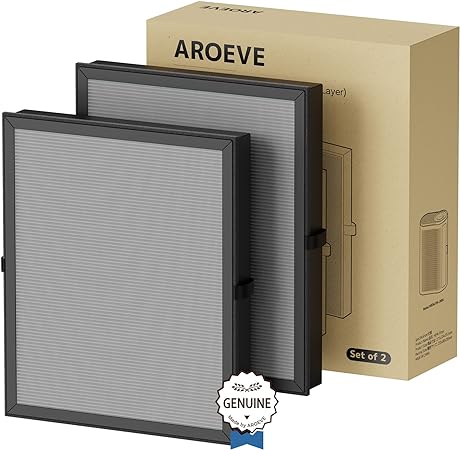 AROEVE MK04 Air Purifier Replacement Filter, Smoke Remove Material 4 -in-1 True HEPA with Activated Carbon Mix, Against Ash for Smoke, Odors, and VOCs, 2 Pack- Grey (Enhanced Smoke Removal Version)