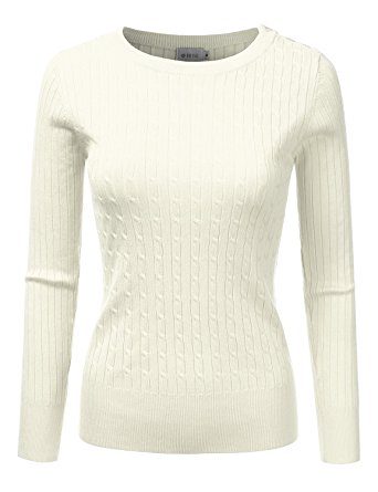DRESSIS Womens Long Sleeve Round Neck Buttoned Shoulder Cable Knit Sweater