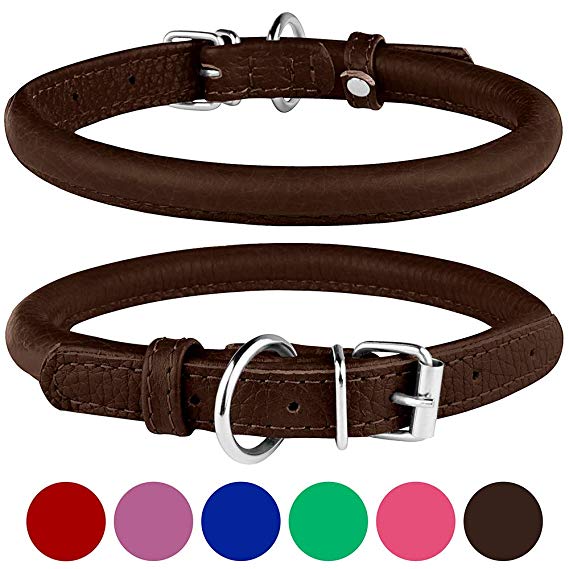BronzeDog Rolled Leather Dog Collar Round Rope Pet Collars for Small Medium Large Dogs Puppy Cat Red Pink Blue Brown Rose Green