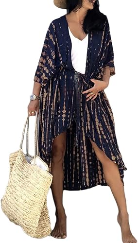 Bsubseach Stylish Tie Dye Open Front Long Kimono Swimsuit Cover up for Women