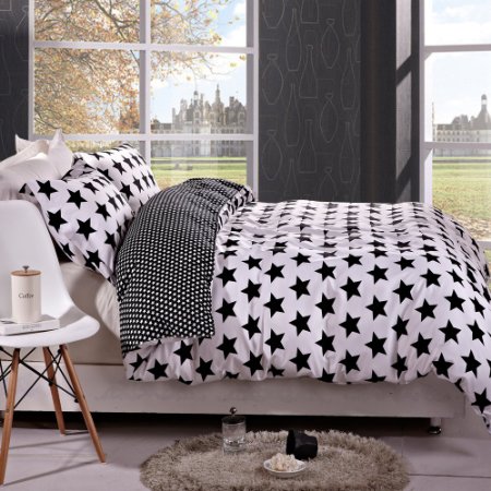 NTBAY Black and White Star printing Microfiber Reversible 3 Pieces Full/Queen Size Duvet Cover Set with Hidden Button (Full/Queen, Star)