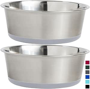 Gorilla Grip Stainless Steel Metal Dog Bowl Set of 2, Rubber Base, Heavy Duty, Rust Resistant, Food Grade BPA Free, Less Sliding, Quiet Pet Bowls for Cats and Dogs, Holds 4 Cups (32 fl oz), Lt Gray