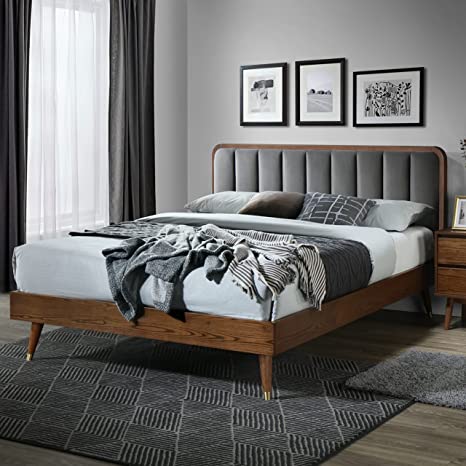 DG Casa Geneva Mid Century Modern Upholstered Platform Bed Frame with Vertical Channel Headboard and Full Wooden Slats, Box Spring Not Required, Queen Size in Gray Faux Velvet Fabric