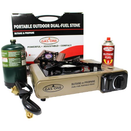 GAS ONE NEW GS-3400P Dual Fuel Portable Propane & Butane Camping and Backpacking Gas Stove Burner with Carrying Case (GOLD)