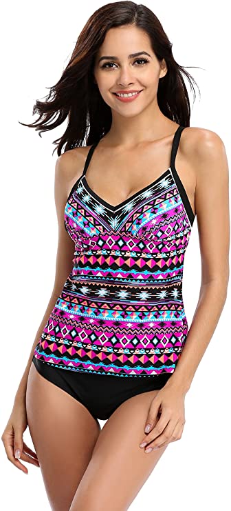 ATTRACO Women's Tankini Swimsuits Cross-Back Two Piece Bathing Suits Tribal Swimwear