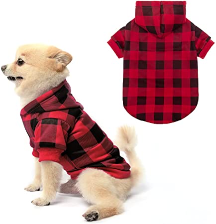 Plaid Dog Hoodie - Warm Soft Dog Sweater Outfit with Hat, Autumn and Winter Pet Clothes with Leash Hole for Small Medium Large Dog Wearing