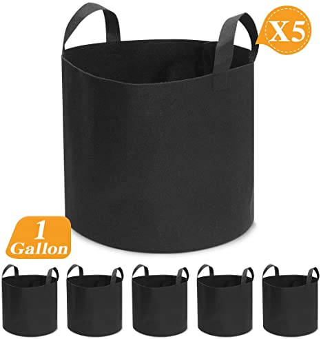 KINGSO 5Pcs Grow Bags 5Gallon Plant Grow Bags, Heavy Duty Thickened Nonwoven Plant Fabric Pots with Handles for Patio, Terrace, Courtyard, Garden (5Pack 1Gallon)