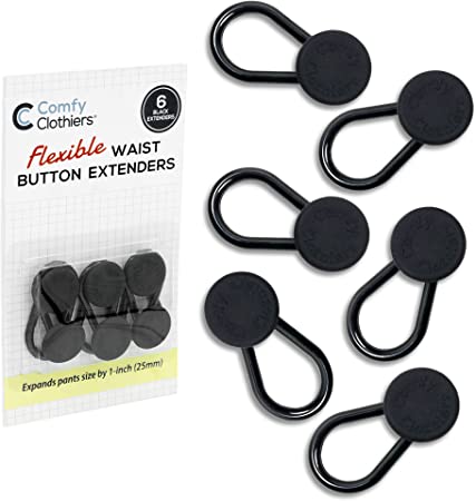 Flexible Button Waist Extenders for Pants (6-Pack Black) Men and Women’s Pants, Shorts, Skirts - Jean Extender Button by Comfy Clothiers