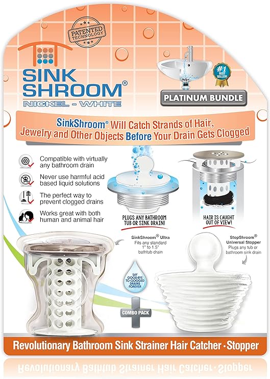 SinkShroom Revolutionary Bathroom Sink Drain Protector Hair Catcher, Strainer, Snare, Basket, White Nickel with Stopper