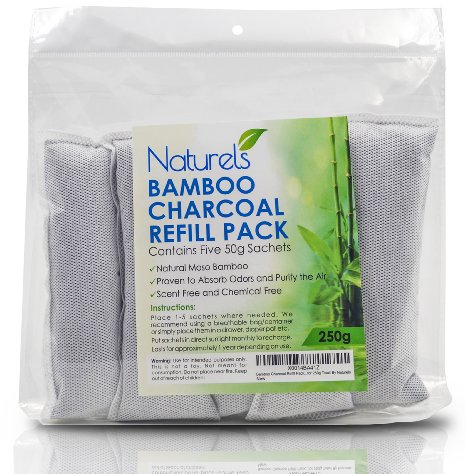 Bamboo Charcoal 5 Pack! Purify The Air, Eliminate Odors and Control Moisture | Naturally Freshen Smelly Areas Such as Closets, Cars, Shoes and Diaper Pails | Five 50g bags for 250g Total!