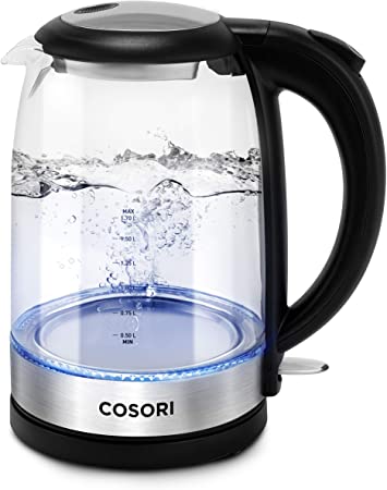 COSORI Electric Kettle with Upgraded Stainless Steel Filter and Inner Lid, Wide Opening Glass Tea Kettle & Hot Water Boiler, LED Indicator Auto Shut-Off & Boil-Dry Protection, BPA Free,1.7L, Black