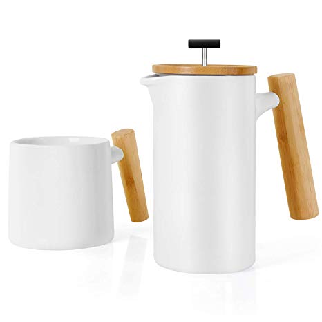 Ceramic French Press Coffee Maker/Coffee Press/Cafetiere (800 ml) |Non-Porous Stoneware| with Coffee Mug (White, Wood Handle)
