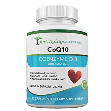 AntiAging Central Coenzyme Q10 Ubiquinone CoQ10 200 mg - Supports Brain Health, Heart Health, Immunity, Energy and More