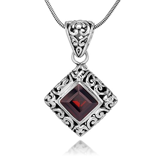 Sterling Silver Filigree Gemstone Square Pendant Necklace w/ 18" Silver Chain