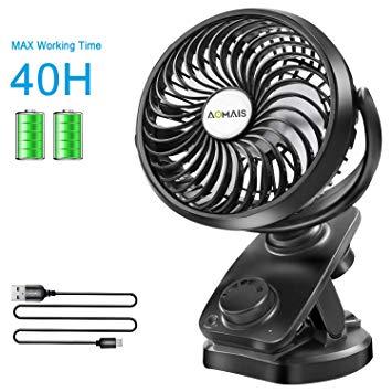 Battery Operated Clip on Stroller Fan USB Desk Fan【2019 Upgrade Version】Aomais Portable Auto Oscillating with Rechargeable 4400mAH Battery Powered Mini Fan for Outdoor Activities (Max 40H)