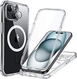 ESR Magnetic for iPhone 15 Case [Compatible with MagSafe] Full-Body Military-Grade Drop Proof Phone Case for iPhone 15 with Built-in 9H  Tempered Glass Screen Protector, Clear