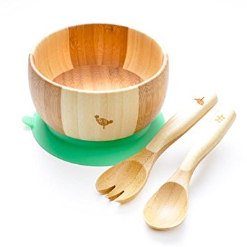 LaBoos Baby Kids Suction Bowl Spoon Fork, Infant Feeding , Baby Registry, Bamboo Bowl , Unisex. Baby Bowl Set   Baby Spoons Set. FDA Approved BPA Free, Stay Put Suction bowl ,Green