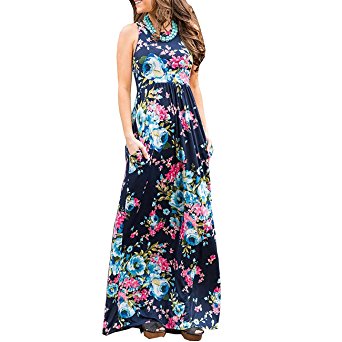 Assivia Womens Casual Sleeveless Boho Floral Print Beach Party Long Maxi Dress